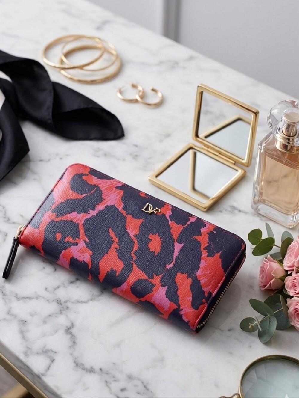 Diane Von Furstenberg Wallet Abstract Leopard Print Red Purple Pink